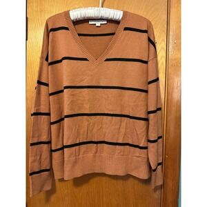 Loft Brown Black Stripes Fall Casual Cozy Pullover Sweater Size L V Neck